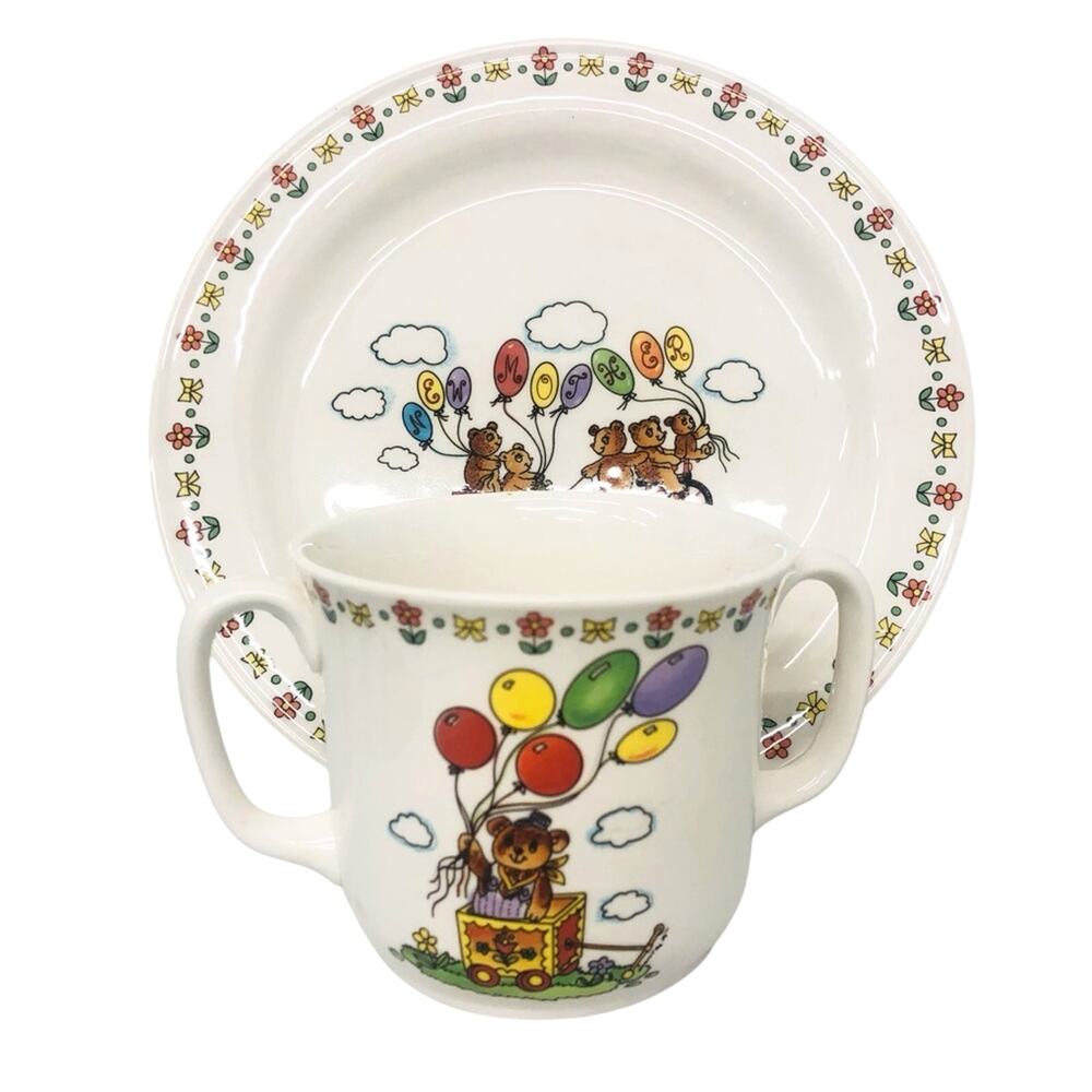 Lefton China New Mommy Double Handle Cup and Saucer Colorful Baby Bears Balloons